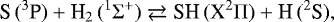 \begin{equation*}\textrm{S}\,({{^3\textrm{P}}}) &#x002B; \textrm{H}_2\,(^1\Sigma^&#x002B;) \rightleftarrows {\textrm{SH}}\,(\textrm{X}^2\Pi) &#x002B; \textrm{H}\,({{^2\textrm{S}}}), \end{equation*}