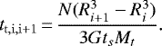 \begin{equation*} t_{\mathrm{t,i,i&#x002B;1}}\,{=}\,\frac{N(R_{i &#x002B; 1}^3 - R_i^3)}{3 G t_s M_t}.\end{equation*}