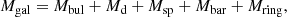 $$ \begin{aligned} M_{\rm gal} = M_{\rm bul} + M_{\rm d} + M_{\rm sp} + M_{\rm bar}+M_{\rm ring}, \end{aligned} $$