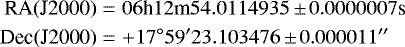 \begin{eqnarray*} \mbox{RA(J2000)} &=& 06\mbox{h}12\mbox{m}54.0114935\,{\pm}\, 0.0000007\mbox{s}\nonumber \\ \mbox{Dec(J2000)} &=& &#x002B;17^{\circ}59^{\prime}23.103476\,{\pm}\, 0.000011^{\prime\prime}\nonumber \end{eqnarray*}