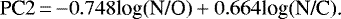\begin{equation*} \textrm{PC2}\,{=}\,{-}0.748 \textrm{log(N/O)} &#x002B; 0.664 \textrm{log(N/C).} \end{equation*}