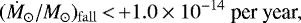 \begin{equation*} (\dot M_{\odot} /M_{\odot})_{\mathrm{fall}}\,{<}\,{&#x002B;}1.0\times 10^{-14 }\ \text{per year,} \end{equation*}