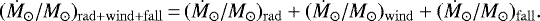 \begin{equation*} (\dot M_{\odot} /M_{\odot})_{\mathrm{rad}&#x002B;\mathrm{wind}&#x002B;\mathrm{fall}}\,{=}\,(\dot M_{\odot} /M_{\odot})_{\mathrm{rad}} &#x002B; (\dot M_{\odot} /M_{\odot})_{\mathrm{wind}} &#x002B; (\dot M_{\odot} /M_{\odot})_{\mathrm{fall}}. \end{equation*}
