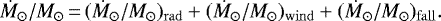 \begin{equation*} \dot M_{\odot} /M_{\odot}\,{=}\,(\dot M_{\odot} /M_{\odot})_{\mathrm{rad}} &#x002B; (\dot M_{\odot} /M_{\odot})_{\mathrm{wind}} &#x002B; (\dot M_{\odot} /M_{\odot})_{\mathrm{fall}}. \end{equation*}