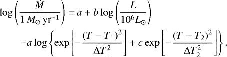 \begin{eqnarray*} &&\log\left({\frac{\dot M}{1\, {{M}_{\odot}\,\textrm{yr}^{-1}} }}\right)\,{=}\, a &#x002B; b \log\left({\frac{L}{10^6L_{\odot}}}\right)\nonumber \\ &&\quad\quad -a \log\left\{{\exp\left[{-\frac{\left({T-T_1}\right)^2}{\Delta T_1^2}}\right] &#x002B; c \exp\left[{-\frac{\left({T-T_2}\right)^2}{\Delta T_2^2}}\right]}\right\}.\end{eqnarray*}