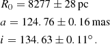 $$ \begin{aligned}&R_0= 8277 \pm 28\, \mathrm{pc} \nonumber \\&a = 124.76 \pm 0.16\, \mathrm{mas} \nonumber \\&i = 134.63 \pm 0.11^\circ \,. \end{aligned} $$
