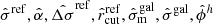 $ \hat{\sigma}^{\mathrm{ref}}, \hat{\alpha}, \hat{\Delta \sigma}^{\mathrm{ref}},\hat{r}_{\mathrm{cut}}^{\mathrm{ref}},\hat{\sigma}_{\mathrm{m}}^{\mathrm{gal}},\hat{\sigma}^{\mathrm{gal}},\hat{\phi}^{h} $