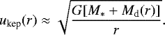 \begin{align*} u_{\textrm{kep}}(r) \approx \sqrt{G[M_{\ast}&#x002B;M_{\textrm{d}}(r)] \over r}. \end{align*}