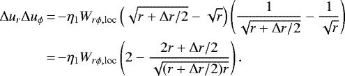 \begin{align*} \Delta u_r \Delta u_{\phi} &\,{=}\, {-}\eta_1 W_{r\phi, \textrm{loc}} \left(\sqrt{r&#x002B;\Delta r/2}-\sqrt{r}\right) \left({1\over\sqrt{r&#x002B;\Delta r/2}} - {1\over \sqrt{r}}\right) \\* &\,{=}\, {-}\eta_1 W_{r\phi, \textrm{loc}} \left(2 - {2r&#x002B;\Delta r/2 \over \sqrt{(r&#x002B;\Delta r/2)r}}\right). \nonumber \end{align*}