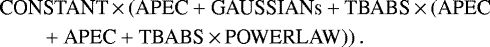 \begin{equation*} \begin{split} & \hbox{CONSTANT}\,{\times}\,(\hbox{APEC} &#x002B; \hbox{GAUSSIANs} &#x002B; \hbox{TBABS}\,{\times}\,(\hbox{APEC} \\ & \qquad &#x002B; \hbox{APEC} &#x002B; \hbox{TBABS}\,{\times}\,\hbox{POWERLAW}))\,. \end{split}\end{equation*}