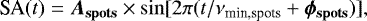 \begin{equation*} \textrm{SA}(t) = {{\bm A}_{\textbf{spots}}} \times \sin[2\pi(t/\nu_{\textrm{min,spots}} &#x002B; {{\bm \phi}_{\textbf{spots}}})],\, \end{equation*}