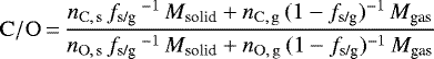 \begin{equation*}\mathrm{C}/\mathrm{O} \,{=}\, \frac{{n_{\mathrm{C},\,\mathrm{s}}}\,{{f_{\textrm{s/g}}}}\,^{-1}\,{{M_{\textrm{solid}}}} &#x002B;{n_{\mathrm{C},\,\mathrm{g}}}\,(1-{{f_{\textrm{s/g}}}})^{-1}\,{M_{\textrm{gas}}}}{{n_{\mathrm{O},\,\mathrm{s}}}\,{{f_{\textrm{s/g}}}}\,^{-1}\,{{M_{\textrm{solid}}}} &#x002B;{n_{\mathrm{O},\,\mathrm{g}}}\,(1-{{f_{\textrm{s/g}}}})^{-1}\,{M_{\textrm{gas}}}} \end{equation*}