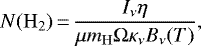 \begin{equation*}N(\mathrm{H}_2)\,{=}\,\frac{I_{\nu} \eta }{\mu {m}_{\mathrm{H}} \Omega \kappa_{\nu} B_{\nu}(T)}, \end{equation*}
