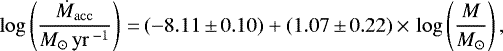 \begin{equation*} \log\left(\frac{\dot{M}_{\mathrm{acc}}}{M_{\odot}\,\mathrm{yr\,}^{-1}}\right)\,{=}\,(-8.11\,{\pm}\,0.10) &#x002B; (1.07\,{\pm}\,0.22)\,{\times}\,\log\left(\frac{M}{M_{\odot}}\right),\end{equation*}