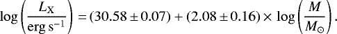 \begin{equation*} \log\left(\frac{L_{\mathrm{X}}}{\mathrm{erg\,s}^{-1}}\right)\,{=}\,(30.58\,{\pm}\,0.07) &#x002B; (2.08\,{\pm}\,0.16)\,{\times}\, \log\left(\frac{M}{M_{\odot}}\right).\end{equation*}