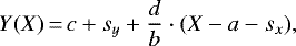 \begin{equation*} Y(X)\,{=}\,c &#x002B; s_y &#x002B; \frac{d}{b} \cdot (X - a - s_x), \end{equation*}