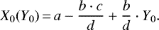 \begin{equation*} X_0(Y_0)\,{=}\,a - \frac{b \cdot c}{d} &#x002B; \frac{b}{d} \cdot Y_0.\end{equation*}