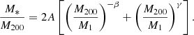$$ \begin{aligned} \frac{M_*}{M_{200}} = 2 A \left[ \left(\frac{M_{200}}{M_1}\right)^{-\beta } + \left(\frac{M_{200}}{M_1}\right)^{\gamma } \right]. \end{aligned} $$