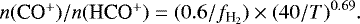 \begin{equation*} n(\mbox{{CO$^&#x002B;$}})/n(\mbox{HCO$^&#x002B;$}) = (0.6/\fH2) \times (40/T)^{0.69}. \end{equation*}