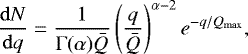 \begin{equation*} \frac{\mathrm{d}N}{\mathrm{d}q} = \frac{1}{\Gamma(\alpha)\Bar{Q}}\left(\frac{q}{\Bar{Q}} \right)^{\alpha - 2} e^{-q/Q_{\mathrm{max}}}, \end{equation*}