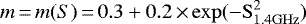 \begin{equation*} m\,{=}\,m(S)\,{=}\,0.3&#x002B;0.2 \,{\times}\, \rm{exp}(-{S}_{\rm{1.4GHz}}^2)\end{equation*}