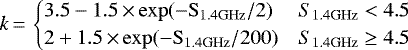 \begin{align*} k\,{=}\, \begin{cases} 3.5 - 1.5\,{\times}\, \rm{exp}(-{ S}_{\rm{1.4GHz}}/2) & {S}_{\rm{1.4GHz}}< 4.5\\ 2 &#x002B; 1.5\,{\times}\, \rm{exp}(-{ S}_{\rm{1.4GHz}}/200) & S_{\rm{1.4GHz}}\geq 4.5 \end{cases}\end{align*}