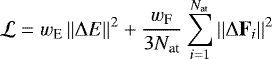 \begin{equation*} \mathcal{L} = w_{\text{E}}\left|\left| \Delta E\right|\right|^2 &#x002B; \frac{w_{\text{F}}}{3N_{\text{at}}}\sum_{i=1}^{N_{\text{at}}}\left|\left| \Delta \mathbf{F}_i\right|\right|^2 \end{equation*}