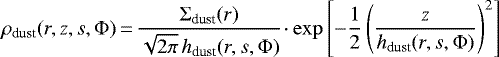 \begin{equation*}\rho_{\text{dust}}(r,z,s,\Phi)\,{=}\, \frac{\Sigma_{\text{dust}}(r)}{\sqrt{2\pi}\,h_{\text{dust}}(r,s,\Phi)}\!\cdot\exp{\left[-\frac{1}{2}\left(\frac{z}{h_{\text{dust}}(r,s,\Phi)}\right)^2\right]} \end{equation*}