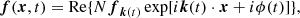 $$ \begin{aligned} \boldsymbol{f}(\boldsymbol{x},t) = \mathrm{Re}\{N\boldsymbol{f}_{\boldsymbol{k}(t)}\exp [i\boldsymbol{k}(t)\cdot \boldsymbol{x}+i\phi (t)]\}, \end{aligned} $$