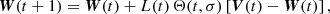$$ \begin{aligned} \boldsymbol{W}(t+1) = \boldsymbol{W}(t) + L(t)\,\Theta (t,\sigma )\left[\boldsymbol{V}(t)-\boldsymbol{W}(t)\right], \end{aligned} $$