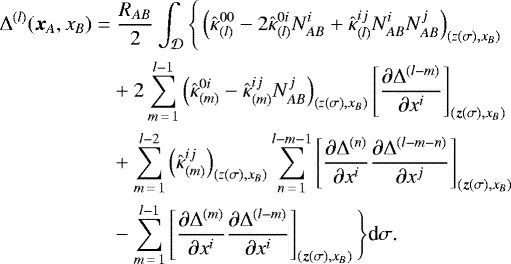\begin{align*} \Delta^{(l)}(\bm{x}_A,x_B)\;{=}&\;\frac{R_{AB}}{2}\int_{\mathcal D}\Bigg\{\left(\hat{\kappa}^{00}_{(l)}-2\hat{\kappa}^{0i}_{(l)}N^i_{AB}&#x002B;\hat{\kappa}^{ij}_{(l)}N^i_{AB}N^j_{AB}\right)_{(z(\sigma),x_B)}\nonumber\\ &&#x002B;2\sum_{m\,{=}\,1}^{l-1}\left(\hat\kappa^{0i}_{(m)}-\hat\kappa^{ij}_{(m)}N_{AB}^j\right)_{(z(\sigma),x_B)}\left[\frac{\partial\Delta^{(l-m)}}{\partial x^i}\right]_{(\bm{z}(\sigma),x_B)}\nonumber\\ &&#x002B;\sum_{m\,{=}\,1}^{l-2}\left(\hat{\kappa}^{ij}_{(m)}\right)_{(z(\sigma),x_B)}\sum_{n\,{=}\,1}^{l-m-1}\left[\frac{\partial\Delta^{(n)}}{\partial x^i}\frac{\partial\Delta^{(l-m-n)}}{\partial x^j}\right]_{(\bm{z}(\sigma),x_B)}\nonumber\\ &-\sum_{m\,{=}\,1}^{l-1}\left[\frac{\partial\Delta^{(m)}}{\partial x^i}\frac{\partial\Delta^{(l-m)}}{\partial x^i}\right]_{(\bm{z}(\sigma),x_B)}\Bigg\}\textrm{d}\sigma\text{.} \end{align*}