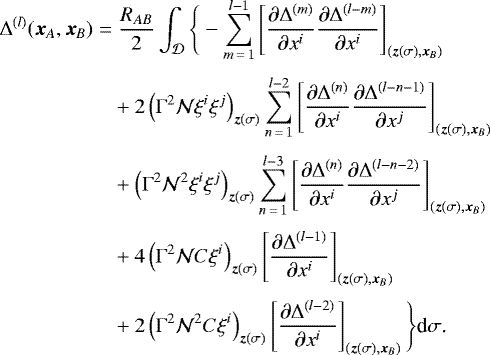 \begin{align*} \Delta^{(l)}(\bm{x}_A,\bm{x}_B)\;{=}&\;\frac{R_{AB}}{2}\int_{\mathcal D}\Bigg\{-\sum_{m\,{=}\,1}^{l-1}\left[\frac{\partial\Delta^{(m)}}{\partial x^i}\frac{\partial\Delta^{(l-m)}}{\partial x^i}\right]_{(\bm{z}(\sigma),\bm{x}_B)}\nonumber\\[3pt] &&#x002B;2\left(\Gamma^2\mathcal N\xi^i\xi^j\right)_{\bm{z}(\sigma)}\sum_{n\,{=}\,1}^{l-2}\left[\frac{\partial\Delta^{(n)}}{\partial x^i}\frac{\partial\Delta^{(l-n-1)}}{\partial x^j}\right]_{(\bm{z}(\sigma),\bm{x}_B)}\nonumber\\[3pt] &&#x002B;\left(\Gamma^2\mathcal N^2\xi^i\xi^j\right)_{\bm{z}(\sigma)}\sum_{n\,{=}\,1}^{l-3}\left[\frac{\partial\Delta^{(n)}}{\partial x^i}\frac{\partial\Delta^{(l-n-2)}}{\partial x^j}\right]_{(\bm{z}(\sigma),\bm{x}_B)}\nonumber\\[3pt] &&#x002B;4\left(\Gamma^2\mathcal NC\xi^i\right)_{\bm{z}(\sigma)}\left[\frac{\partial\Delta^{(l-1)}}{\partial x^i}\right]_{(\bm{z}(\sigma),\bm{x}_B)}\nonumber\\[3pt] &&#x002B;2\left(\Gamma^2\mathcal N^2C\xi^i\right)_{\bm{z}(\sigma)}\left[\frac{\partial\Delta^{(l-2)}}{\partial x^i}\right]_{(\bm{z}(\sigma),\bm{x}_B)}\Bigg\}\textrm{d}\sigma\text{.} \end{align*}