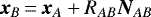 \begin{equation*} \bm{x}_B\,{=}\,\bm{x}_A&#x002B;R_{AB}\bm{N}_{AB} \end{equation*}
