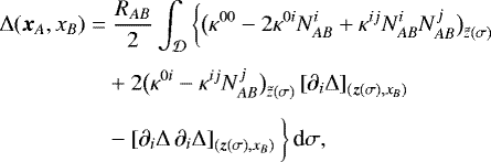 \begin{align*} \Delta(\bm{x}_A,x_B)\;{=}&\;\frac{R_{AB}}{2}\int_{\mathcal D}\bigg\{\big(\kappa^{00}-2\kappa^{0i}N^i_{AB}&#x002B;\kappa^{ij}N^i_{AB}N^j_{AB}\big)_{\tilde z(\sigma)}\nonumber\\ &&#x002B;2\big(\kappa^{0i}-\kappa^{ij}N_{AB}^j\big)_{\tilde z(\sigma)}\left[\partial_i\Delta\right]_{(\bm{z}(\sigma),x_B)}\bigg.\nonumber\\ &-\left[\partial_i\Delta\,\partial_i\Delta\right]_{(\bm{z}(\sigma),x_B)}\bigg\}\,\textrm{d}\sigma\text{,}\end{align*}