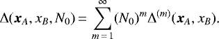 \begin{equation*} \Delta(\bm{x}_A,x_B,N_0)\,{=}\,\sum_{m\,{=}\,1}^{\infty}(N_0)^m\Delta^{(m)}(\bm{x}_A,x_B)\text{.}\end{equation*}