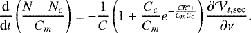 \begin{equation*} \frac{\textrm{d}}{\textrm{d}t}\left(\frac{N-N_{c}}{C_{m}}\right) \,{=}\,{-}\frac{1}{C}\left(1&#x002B;\frac{C_{c}}{C_{m}}e^{-\frac{CR^{\ast }t}{C_{m}C_{c}}}\right) \frac{\partial \mathcal{V}_{t,\mathrm{sec}}}{\partial \nu }\mathrm{.}\end{equation*}