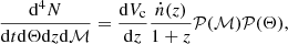 $$ \begin{aligned} \frac{\mathrm{d}^4N}{\mathrm{d}t \mathrm{d}\Theta \mathrm{d}z \mathrm{d}\mathcal{M} }=\frac{\mathrm{d}V_{\rm c}}{\mathrm{d}z}\frac{\dot{n}(z)}{1+z} \mathcal{P} (\mathcal{M} )\mathcal{P} (\Theta ), \end{aligned} $$