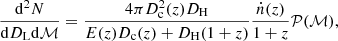 $$ \begin{aligned} \frac{\mathrm{d}^2N}{\mathrm{d}D_{\rm L} \mathrm{d}\mathcal{M} }=\frac{4\pi D_{\rm c}^2(z)D_{\rm H}}{E(z)D_{\rm c}(z)+D_{\rm H}(1+z)}\frac{\dot{n}(z)}{1+z} \mathcal{P} (\mathcal{M} ), \end{aligned} $$