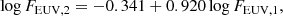 $$ \begin{aligned} \log F_\mathrm{EUV,2} = -0.341 + 0.920 \log F_\mathrm{EUV,1} , \end{aligned} $$