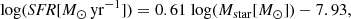$$ \begin{aligned} \mathrm{log} (\textit{SFR}[{M}_{\odot }\,\mathrm{yr} ^{-1}]) = 0.61\ \mathrm{log} (M_\mathrm{star} [{M}_{\odot }]) - 7.93, \end{aligned} $$