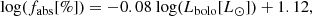 $$ \begin{aligned} \mathrm{log} (f_\mathrm{abs} [\%]) = -0.08\ \mathrm{log} (L_\mathrm{bolo} [{L}_{\odot }]) + 1.12, \end{aligned} $$