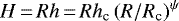 $H\,{=}\,R h\,{=}\,R h_{\textrm{c}} \left(R/R_{\textrm{c}}\right)^{\psi}$