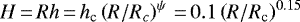 $H\,{=}\,Rh\,{=}\, h_{\textrm{c}}\left(R/R_c\right)^{\psi}\,{=}\,0.1 \left(R/R_{\textrm{c}}\right)^{0.15}$