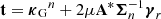 $ \mathbf{t} = {{\boldsymbol{\kappa}_{\rm G}}}^n + 2 \mu {\mathbf{A}^{*}} {{\boldsymbol{\Sigma}}}_{n}^{-1} {\boldsymbol{\gamma}}_r $