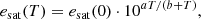 $$ \begin{aligned} e_{\rm sat}(T) = e_{\rm sat}(0) \cdot 10^{aT/(b+T)}, \end{aligned} $$