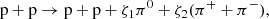 $$ \begin{aligned}&\mathrm{p}+\mathrm{p} \rightarrow \mathrm{p}+\mathrm{p} + \zeta _1 \pi ^0 + \zeta _2(\pi ^+ + \pi ^-), \end{aligned} $$