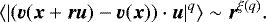 \begin{equation*}\langle \left | \left({\bm v}({\bm x} &#x002B; {\bm r}{\bm u}) - {\bm v}({\bm x}) \right) \cdot \displaystyle {\bm u} \right |^q \rangle \sim {\bm r}^{\xi(q)}. \end{equation*}