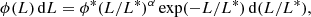 $$ \begin{aligned} \phi (L)\,\mathrm{d}L = \phi ^*(L/L^*)^\alpha \exp (-L/L^*)\,\mathrm{d}(L/L^*), \end{aligned} $$