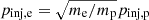 $ p_{\mathrm{inj,e}}=\sqrt{m_{\mathrm{e}}/m_{\mathrm{p}}}p_{\mathrm{inj,p}} $