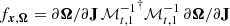 $ f_{{\boldsymbol{x}}, {\boldsymbol{\Omega}}} = \partial{\boldsymbol{\Omega}}/\partial{\mathbf{J}}\, {{\cal M}^{-1}_{t,1}}^{\dagger} {\cal M}^{-1}_{t,1}\, \partial{\boldsymbol{\Omega}}/\partial{\mathbf{J}} $